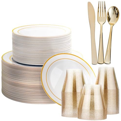 MATANA 360 Pcs Reusable White & Gold Plastic Dinnerware Set for 60 Guests - 60 Dinner & 60 Dessert Plates, 60 Cups, 180 Cutlery Set (60 Knives, 60 Forks & 60 Spoons) - for Weddings, Parties