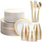 MATANA 360 Pcs Reusable White & Gold Plastic Dinnerware Set for 60 Guests - 60 Dinner & 60 Dessert Plates, 60 Cups, 180 Cutlery Set (60 Knives, 60 Forks & 60 Spoons) - for Weddings, Parties