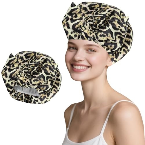 Flomiara Shower Caps, Waterproof Reusable Shower Cap for Women Girls, Elastic Band Adjustable Hair Caps for Bath Skin Care Cleaning Makeup, Soft Easy to Use Hair Cap for Most Hair Types, Leopard