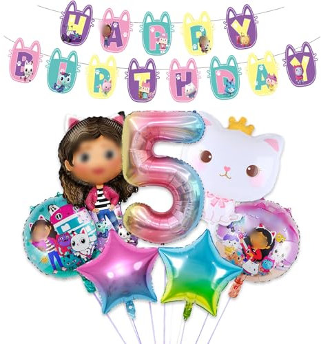 5 Jahre Luftballons Geburtstag Deko Mädchen- Doll House Kinder Ballon Geburtstagsdeko 5 Jahr Katze Folienballon Girlande Happy Birthday Banner Partyzubehör für Kindergeburtstag Party Supplies Deko