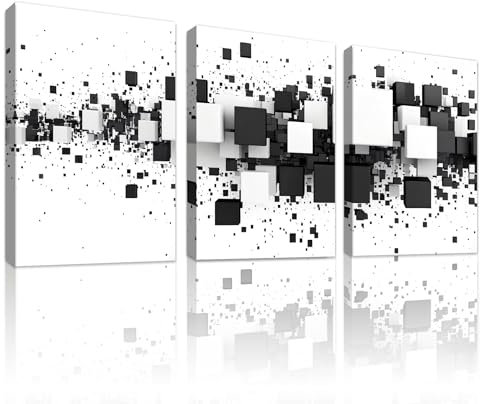 WENGTIAO 3 Pièces Carreaux Noir et Blanc Tableau Decoration Murale Encadré Toile Peinture Minimaliste Abstraite Moderne Decoration Murale Salon Maison Deco Chambre 40x60cmx3