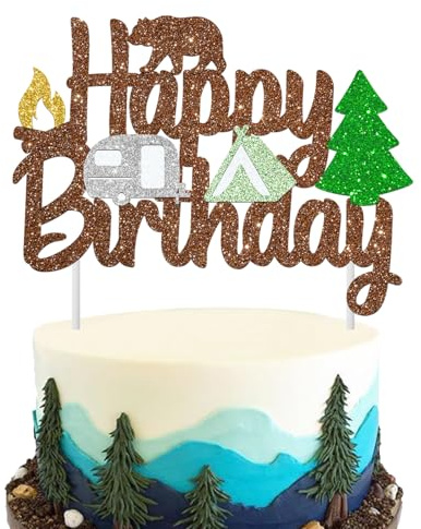 Glitter Camping Birthday Cake Topper, Woodland Theme Party Decoration with Bear Tree Tent Design