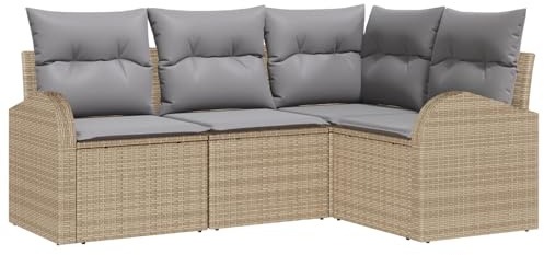 vidaXL 4-teiliges Garten-Sofaset mit Kissen in Beige aus Poly Rattan | Modulares Design für Bequeme Sitzgelegenheit im Freien auf Terrassen und Balkonen - Gartenmöbel Couch für Lounge-Bereich
