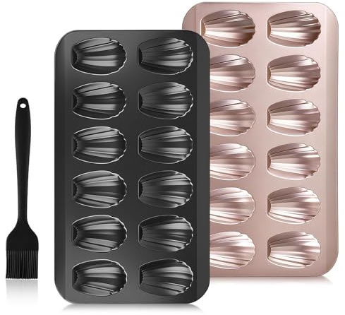 Aéttézoe Madeleines Backform, 2 Stück Madeleine Form Set - Carbonstahl Backblech mit Antihaft-Beschichtung - 12 Mulden pro Form - Inklusive Backpinsel - Für Ofen & Madeleines Gebäck
