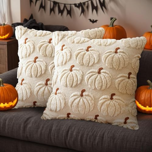 Kissenbezug Herbst 45x45CM, Kürbis Dekokissen Kissenhülle Sofakissen Halloween Deko Kürbis Kissenbezug, Herbstdeko Kürbis Couchkissen Kuschelkissen für Halloween Thanksgiving (Beige×2)