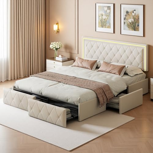 Zorvani Polsterbett 160x200 cm mit Stauraum, Doppelbett mit LED-Kopfteil, Stauraumbett mit 4 Schubladen & Lattenrost, Gepolstertes Bett, Jugendbett, PU (Beige)