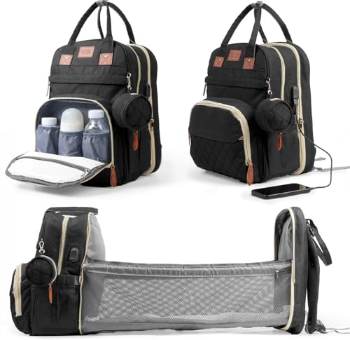 Sac à Dos à Langer Grand,Sac a Langer Bebe avec Matelas à Langer et Sac Isolant, Lit Pliable,Moustiquaire et Port de Chargement USB,Imperméable &Multifonction,Sac à Langer de Voyage Portable，Noir