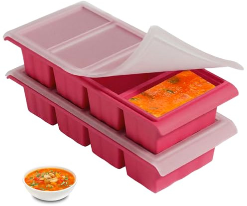 2-Pack Silicone Freezer Moulds Batch Cooking 1 Cup/250 mL Freezer Tray with Lids, Perfect for Storing Soup, Broth, Sauces, Batch Cooking and More, Oven-Safe Silicone Freezer Moulds(Red)