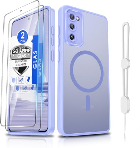 Dizn Magnetische für Samsung Galaxy S20-FE 5G Hülle: für MagSafe,Linsenschutz, 2 Panzerglasfolie, Handy Band, Eingebauter Magnetring Handycase,Matt Transluzente Case,Magnet Handyhülle S20FE,Licht Lila