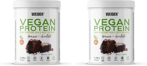 Weider Vegan Protein (300g) Brownie-Geschmack. 21g Protein/Dosis, Erbsenisolat (Pisane) & Reisproteine. Mit Vitamin B12 und Stevia. Glutenfrei, zuckerfrei. Verpackung 50% Recycelt, 100% Recycelbar