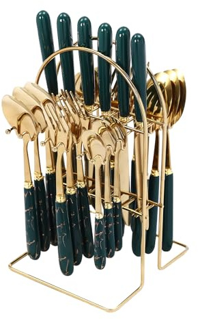 24 Piece Gold Mirror Polished Cutlery Set with Stand, Service for 6 | Stainless Steel Knife Fork Spoon Flatware Set, Hanging Tableware Set Reusable for Home Kitchen Restaurant Hotels Party