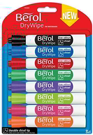 Berol Dry Wipe Whiteboard Marker Pens | Chisel Tip | Assorted Colours | 8 Count Dry Erase Markers