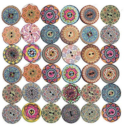 Qincling 100 PCS Wooden Buttons for Crafts, 1 Inch Assorted Vintage Round Flower Buttons With 2 Holes for DIY Sewing, Knitting, Baby Clothes