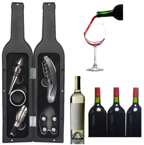 Tire-bouchon, kit de vin, accessoires pour vin avec décapsuleur, coupe-capsules, anneaux anti-gouttes, bouchons de vin, bec verseur professionnel 5 en 1 - Coffret cadeau (noir)