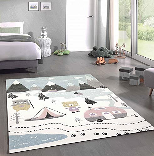 CARPETIA Spielteppich Kinderzimmer Teppich Camping Zelt Bären Berge Wohnwagen Tannen Fluss Creme pink grau Größe 160x230 cm