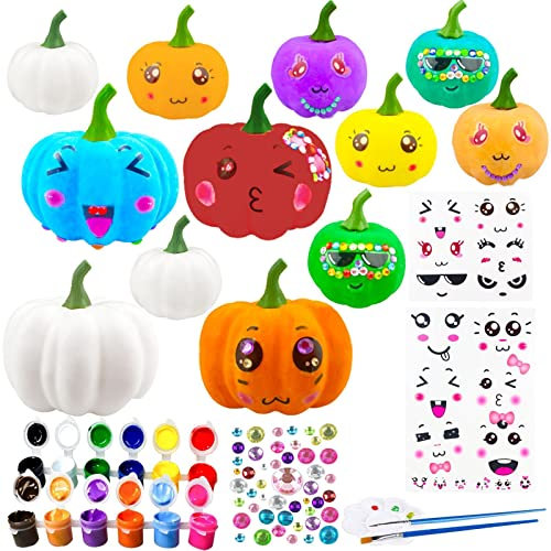 Pumpkin Decorations Halloween Crafts Paint Your Own Pumpkin 8 Pcs Halloween White Artificial Pumpkin Decorating Kit with Stickers Kids DIY Arts and Crafts for Halloween Party Thanksgiving Home Decor