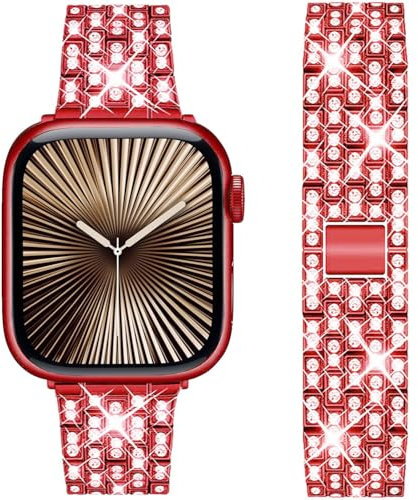 DEALELE Cinturino Compatibile con iWatch 42mm 44mm 45mm 49mm, Bracciale di Ricambio Glitter Strass Diamantato Metallo per Apple Watch Series 8/7 / 6/5 / 4/3 / SE/Ultra Donne Uomini, Rosso
