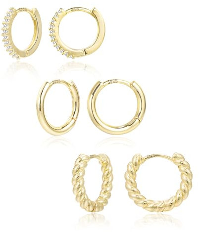Small Gold Hoop Earrings for Women, ALEXCRAFT 14K Goldplated Huggie Earrings with Zirconia Small Hoop Earings Cartilage Sleepers Hypoallergenic Earrings Sets for Multiple Piercing