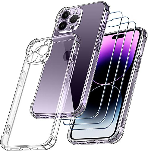 ivoler [4 in 1 Camera Cover Case Compatible with iPhone 14 Pro 6.1 with 3 Pack Tempered Glass Screen Protector, Slim Soft TPU Shockproof Anti-Scratch Phone Case Cover - Clear