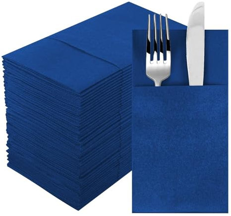 Navy Dinner Napkins with Built-in Flatware Pocket, Cloth-Like Linen-Feel Disposable Hand Napkins for Kitchen, Bathroom, Parties, Weddings, Dinners or Events, 16x16inches, Pack of 50