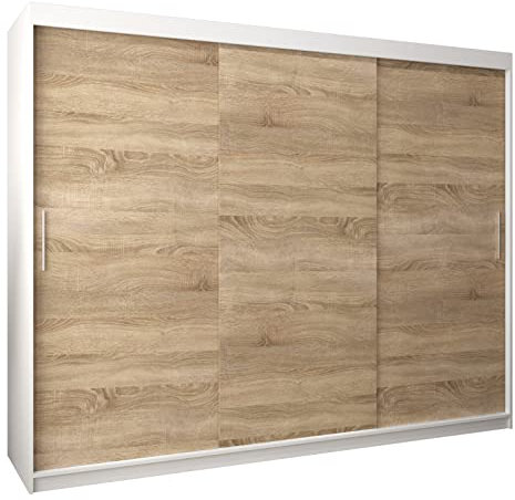 MEBLE KRYSPOL Tokyo 250 Kleiderschrank mit DREI Schiebetüren für Schlafzimmer – moderner Aufbewahrungsschrank mit Kleiderstange und Regalen – 250x200x62cm - Mattweiß + Sonoma