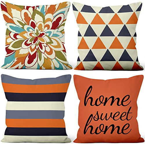 Aoihrraan 60x60cm Juego de 4 Fundas de Cojin Dulce Hogar Naranja Beige Geométrico Patrón Cuadrado Decorativo Corto De Felpa Suave Funda De Almohada Dormitorio Exterior Jardín Canapé Patio Sofá
