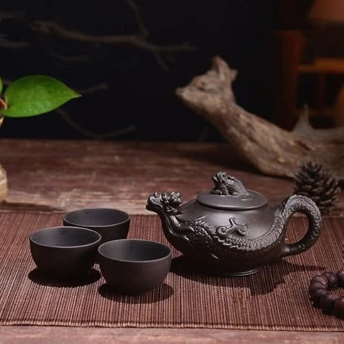 VIXDA 150 ml Teekanne Lila Ton Kung Fu Tee-Set Handgemachte Drachen-Eichhörnchen-Teekanne mit 3-teiligem Tassen-Set