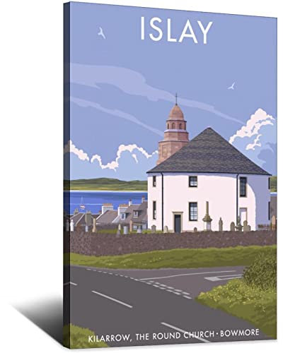 Schottland Islay Vintage Reiseposter Kilarrow Runde Kirche Bowmore Leinwandbild Bilder Drucke Wandkunst für Schlafzimmer Büro Dekor 60 x 90 cm