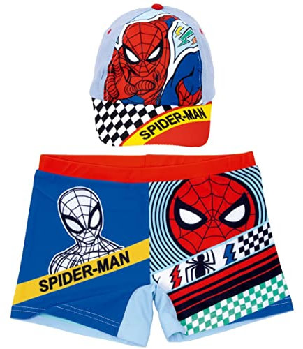 Spiderman Badeanzug für Kinder + Spiderman Marvel Cap | Badeanzug und Marvel Cap | Spiderman Badeanzug für Strand oder Pool + verstellbare Spiderman-Kappe (as3, Age, 6_Years, Regular, Blau)