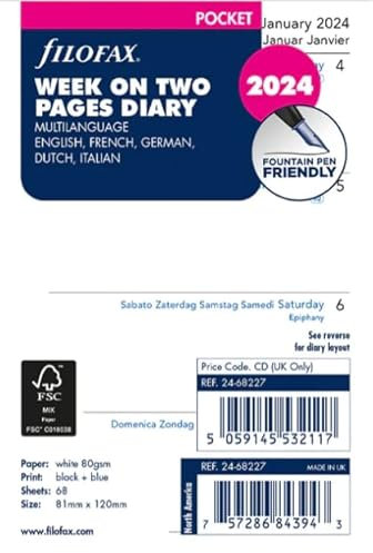 FILOFAX Kalendereinlage Pocket 1 Woche auf 2 Seiten (multilanguage)2024