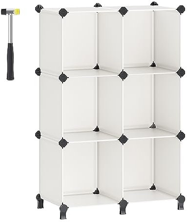 SONGMICS Schuhregal, Regalsystem, Steckregal, Set aus 6 Würfeln, DIY Regal, stapelbar, aus PP-Kunststoff, als Garderobe, für Schlafzimmer, Büro, 31,5 x 64 x 97,2 cm, cremeweiß LPC111M01