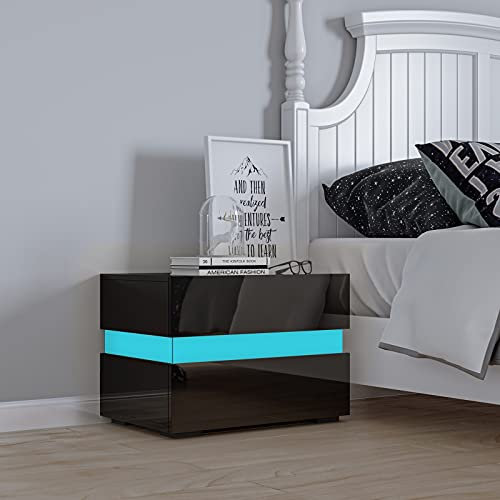 Nachttisch mit LED Licht Nachtschrank Endtisch 2 Schubladen und Hochglanz Kommode Beistelltisch für Schlafzimmer Wohnzimmer Schwarz