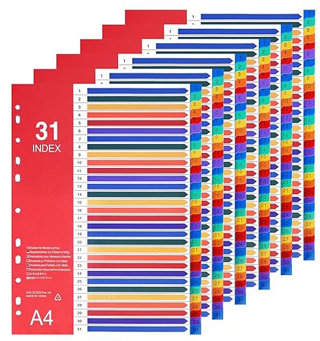 Srvnpioy 6 Stück 31-teilig Register für A4, Mehrfarbig 31 Trennblätter A4 aus PP, Beschriftbares Deckblatt und 31 Taben mit Zahlenaufdruck 1-31, Ordner Trenner Plastik für Aktenordner, Ringordner