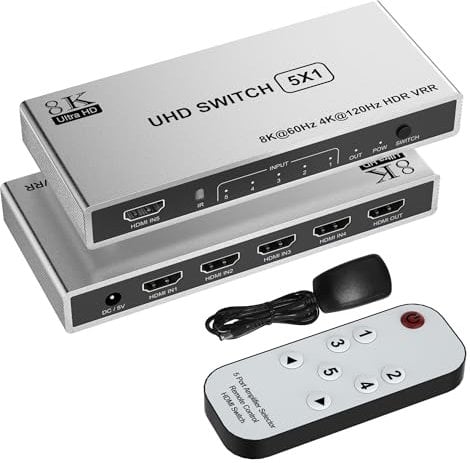 8K HDMI 2.1 Switch 4K 120Hz/8K 60Hz, Aluminium 5 In 1 Out HDMI Switch mit Fernbedienung,5 Port HDMI 2.1 Splitter Unterstützung 3D HDR10 HDCP2.3 VRR 48Gbps kompatibel PS5/4/3 Xbox Roku TV Fire Stick PC