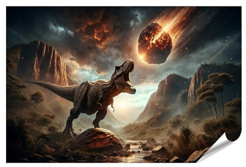 islandburner XXL Bild Poster Prähistorische Landschaft Tyrannosaurus Rex Feuriger Meteoritenhimmel Premium Bilder Fotodruck
