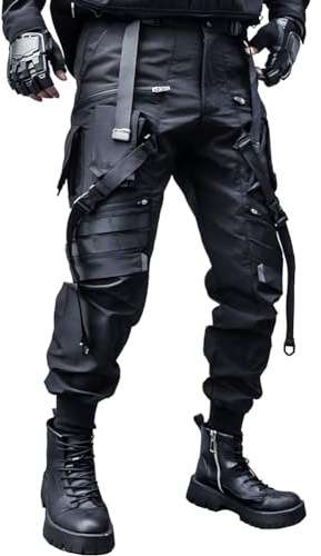 ELKNLMU Tasche Multiple Punk Jogger Pantaloni Uomo Streetwear Pantaloni Cargo Nero Tattico Techwear Maschio Hip Hop Pantaloni Nastro, Nero, L