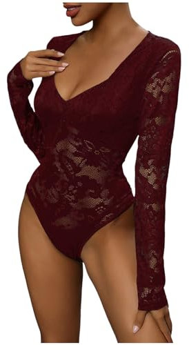 KBOPLEMQ Body sexy da donna in pizzo, elegante, a maniche lunghe, sexy, per donne, body in rete, top modellante a collo alto, lingerie, Colore: rosso, S