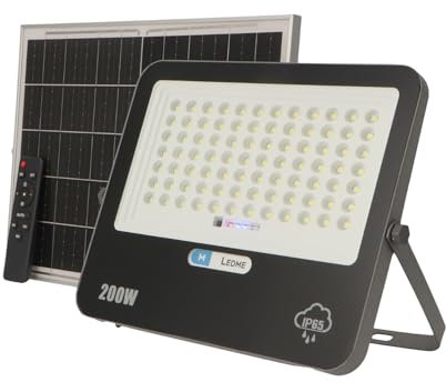 M Ledme - Projecteur solaire LED 200W avec télécommande, 2800 lumens, dimmable, IP65, Lumière Froide (6000k), batterie de grande capacité 20.000 mAh. Longueur du câble 2,10M