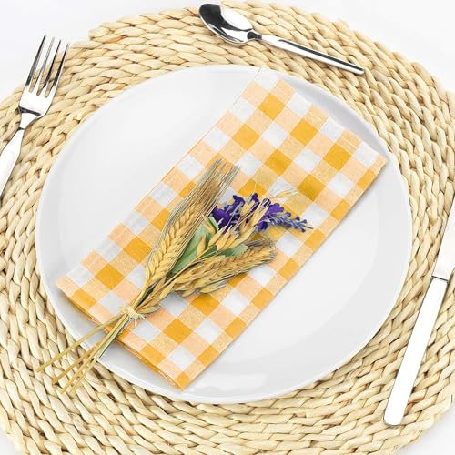 LAN&LAN - Nappe Rectangulaire Lavable en Polycoton, Nappes à Carreux pour L'intérieur et L'extérieur (Jaune, 6 Serviettes)