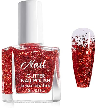 Rot Glitzer Nagellack - Schnelltrocknend Glitter Nagellack - 10ml Glänzend Glitzernagellack, Shining Nagellack Ohne UV Lampe Sparkly Nail Polish Maniküre für Nail Art DIY Home (Rot ZJY141)