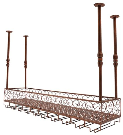 HUSPOO Botellero para montaje en techo, organizador de vino de altura ajustable con soportes de cristal, estante de vino colgante industrial, adecuado para cocinas, bares, cafeterías, etc. (bronce)