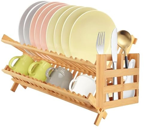 BlyeMichdi Abtropfgestell klappbar, 2 Etagen Bambus Geschirrabtropfgestell,Geschirrständer mit Tassenhalter,Holz Geschirrkorb für Teller, Tassen, Schalen, Bambus, Abtropfgitter,26x42x24CM