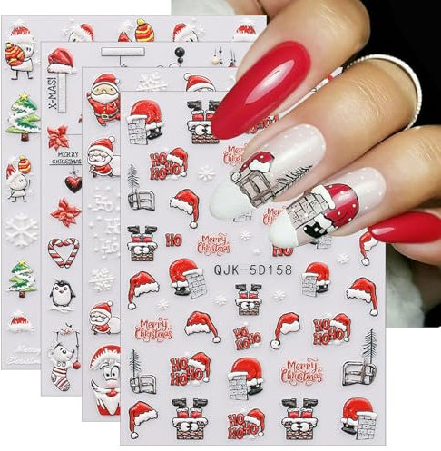 JMEOWIO 3D Embossed Christmas Nail Art Stickers Decals Self-Adhesive 5D Snowflake Xmas Winter Holiday Cute Nail Supplies Nail Art Design Decoration Accessories 4 Sheets