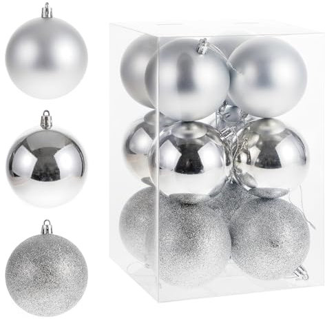 RELONGGI 8cm Weihnachtskugeln in Silver - 12pcs Christbaumkugeln aus Plastik, Splitterfrei, 3stile und in Tollen Farben (Siber, 8cm)