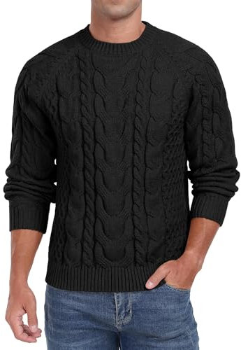 QIXING Men's Cable Knit Jumper Crew Neck Sweater Soft Casual Long Sleeve Textured Knitwear Tops for Men UK (Black, XL)