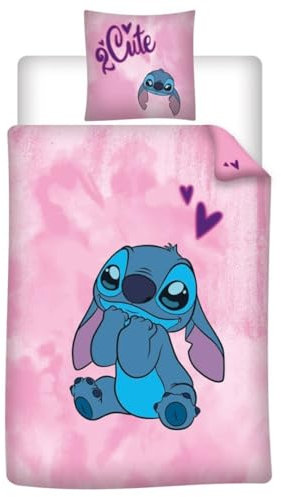Aymax Parure de Lit Stitch 2Cute Réversible, Housse de Couette 140x200 cm + Taie d'oreiller 65x65 cm, Polycoton, Rose