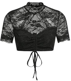 GORGLITTER Damen Dirndlbluse aus Spitze Elegante Exklusive Stretch Dirndl Bluse Trachtenbluse für Oktoberfest Bierfest Outfit Schwarz L