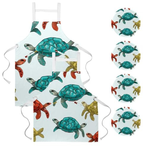 Delantal de cocina de 2 piezas de tortugas de colores, sin costuras, resistente a las gotas, delantal de lona con delantales ajustables para mujer con 2 bolsillos, multicolor, 26.2x34.6in/66.5x88cm,