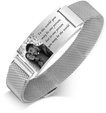 VNOX Personalisiertes Armband mit Foto Gravur Edelstahl Mesh Damen Herren | Foto und Text personalisierbar, verstellbares Edelstahl-Meshband 15–24 cm, Geschenk für Partner, Familie und Freunde