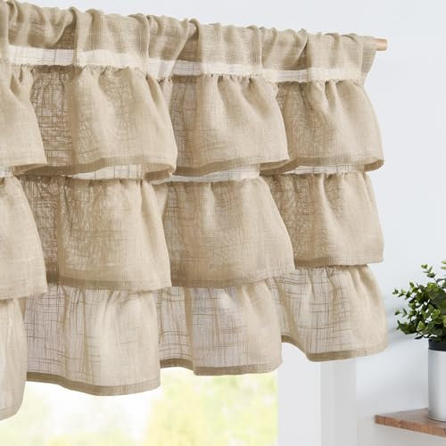 TOPICK Küche Scheibengardinen mit Rüschen Braun Leinen Bistrogardine für Klein Fenster Kurzstore Gerüschte Küchengardinen Landhausstil Halbtransparente Vorhänge Kurz Bauernhaus 125Bx45H (cm)